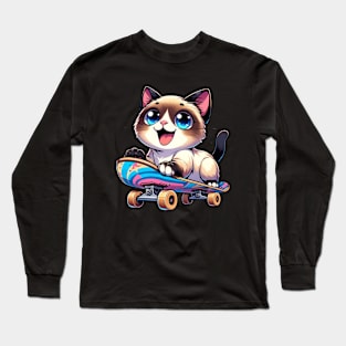 Skateboarding Siamese Kitten Skateboarder Cute Cat Long Sleeve T-Shirt